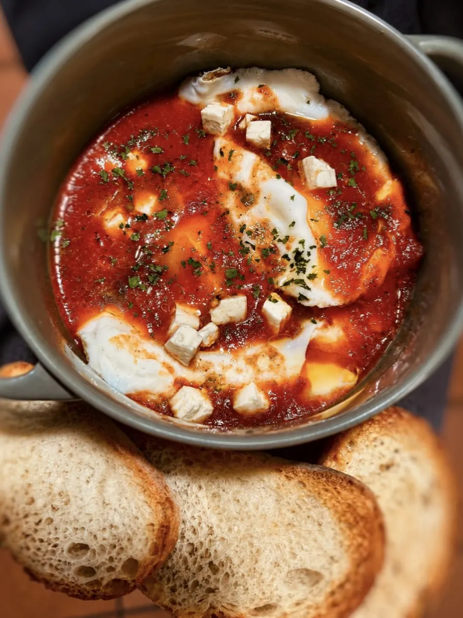 Shakshuka con huevos escalfados en salsa de tomate y tostadas en La Nonna Brunch, restaurante de brunch en Figueres